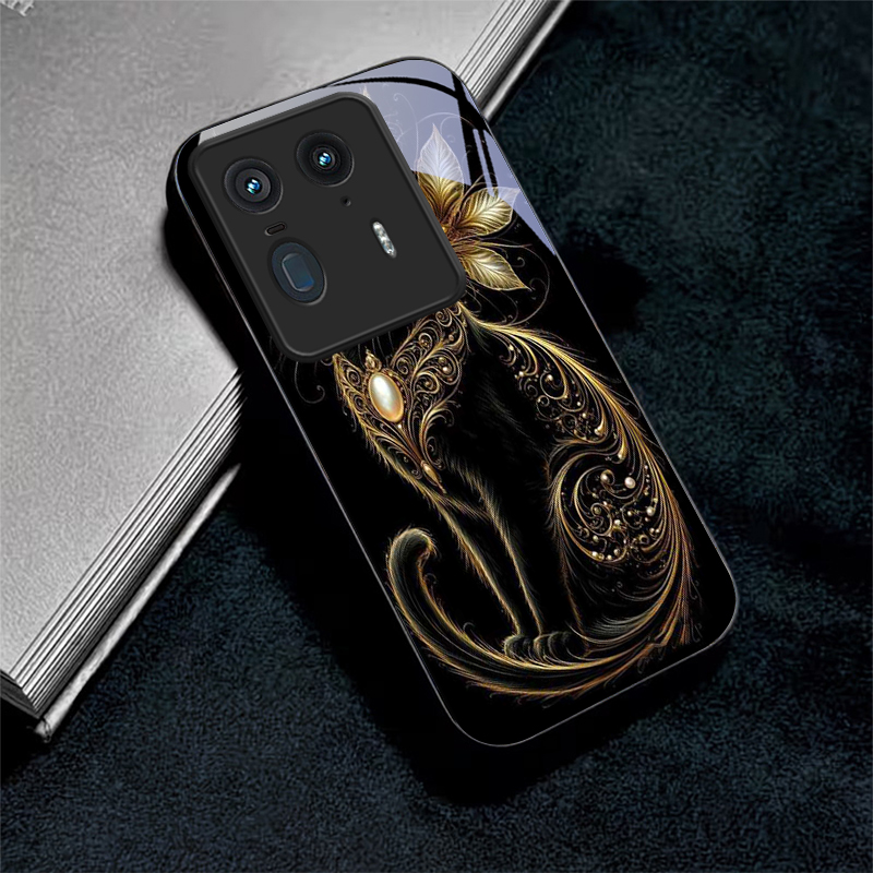 Phone Cases For Motorola - Luxury Jeweled Cat Black Glass Phone