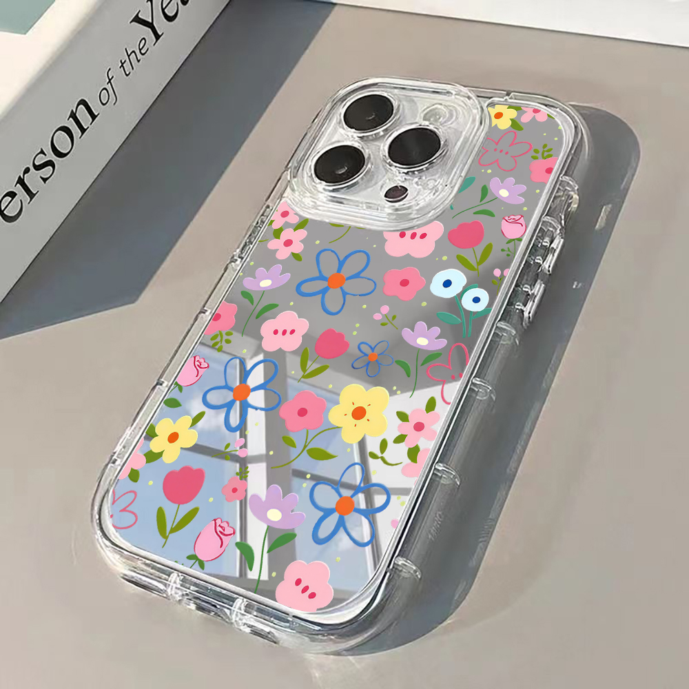 Phone Cases Korean - Korean Ins Style Floral Silver Mirror
